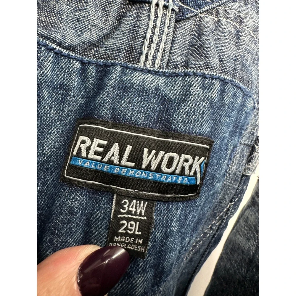 Real Work Mens Blue Denim Relaxed Fit Carpenter Bib Overalls 34W x 29L